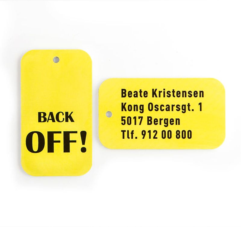 Merkelapp til bagasje. 2 stk like skilt             4,5x8 cm