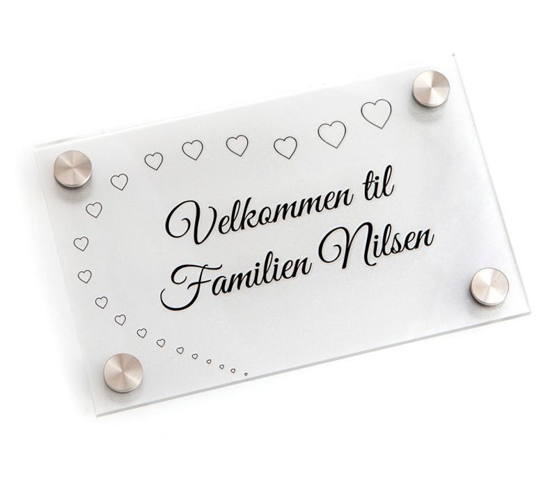 Akrylskilt med frostet bakside & avst.stk. i stål 11x17 cm